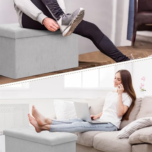 Athena Collection 30" Storage Ottoman Bench Folding Bench with 90L Hidden Storage, Large End of Bed Bench Linen Foot Rest Stool Chest with Flipping Lid for Living Room, Bedroom, Entryway, Light Gray - color: Light Gray, style: 30" Linen