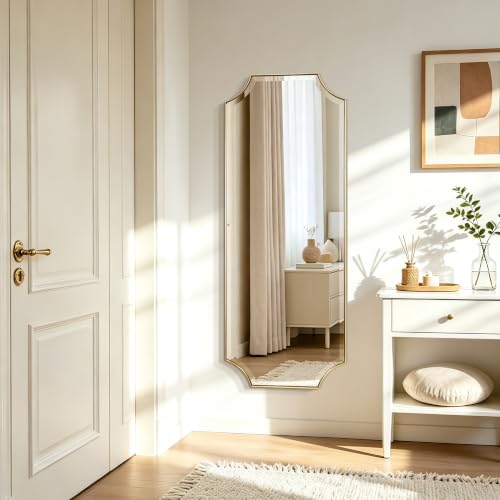 POZINO 48"x18" Premium Brushed Gold Rectangle Wall Mirror with Beveled Edge - color: Brushed Gold Scalloped, size: 48"L x 18"W