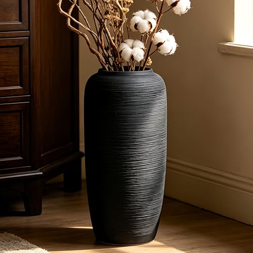 Black Rustic Ceramic Floor Vase, 15.7 Inch, Ribbed Texture - size: 15.7 Inch