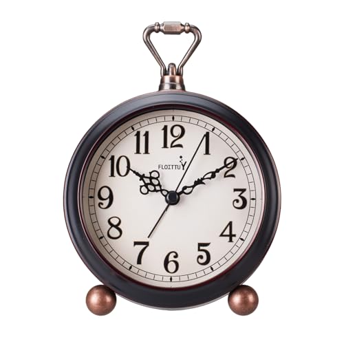 FLOITTUY 4.5" Battery Operated Antique Retro Analog Metal Alarm Clock, Silent Bedside Desk Clock, Wall-Hanging Vintage Clock(Vintage Black) - color: Vintage Black