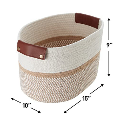 3 Pack Woven Cotton Rope Storage Basket, 15x10x9, White/Brown - color: White/Brown