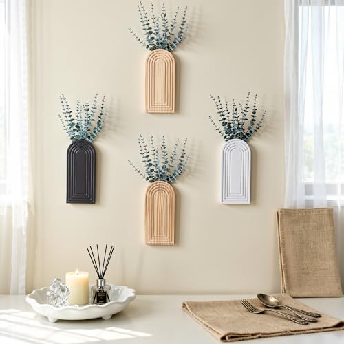 DREAMLOOM 2 Pack Wooden Wall Vases with Eucalyptus Artificial Plants, Wall Hanging Planters Boho Modern Farmhouse Indoor for Narrow Spaces Entryway Bathroom Home Office Decoration, Black - color: A-black