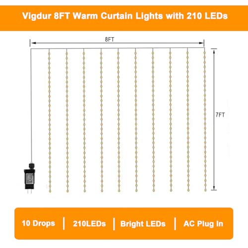 Vigdur Led Curtain String Lights, 8FT 210 Warm LEDs Christmas Fairy Lights - color: 1 Pack