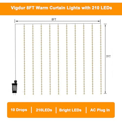 Vigdur Led Curtain String Lights, 8FT 210 Warm LEDs Christmas Fairy Lights - color: 1 Pack