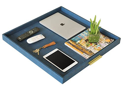 HofferRuffer Extra Large Square Serving Tray, Elegant Faux Leather Ottoman Tray with Gold Hardware Handles, Serve Tea, Coffee or Breakfast in Bed, 24 x 24 inches (Navy Blue Shagreen) - color: Navy Blue Shagreen, size: 24" x 24" x 2"