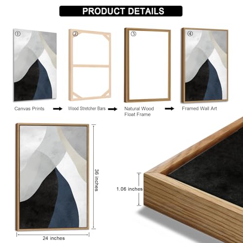 Large Abstract Framed Wall Art, Modern Blue Grey Canvas Pictures, 24"X36"X3 - color: Navy, size: 24" X 36" X 3pieces Framed