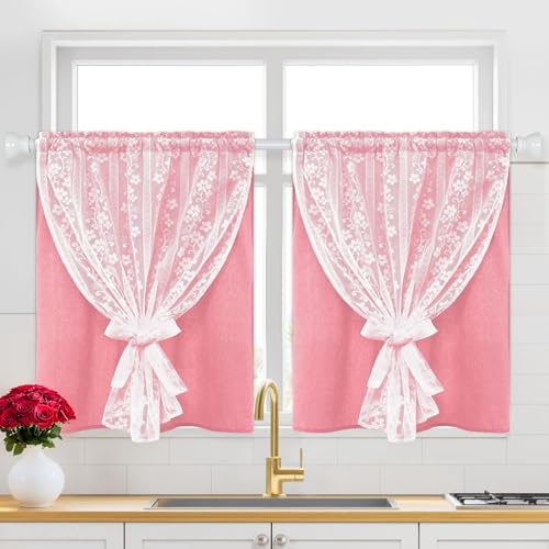 ASPMIZ Pink Kitchen Curtains Double Layer Curtains with Linen Lace, Linen Kitchen Window Curtain 36 inch Length, Farmhouse Tier Curtain with 2 Tiebacks, Rod Pocket Window Treatments for Cafe Bathroom - color: Deep Pink, size: 26"W x 36"L (Pack of 2), styl