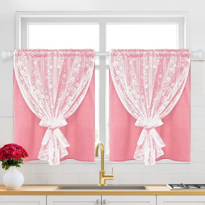 ASPMIZ Pink Kitchen Curtains Double Layer Curtains with Linen Lace, Linen Kitchen Window Curtain 36 inch Length, Farmhouse Tier Curtain with 2 Tiebacks, Rod Pocket Window Treatments for Cafe Bathroom - color: Deep Pink, size: 26"W x 36"L (Pack of 2), styl