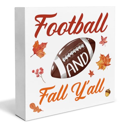 Dolimifa Fall Decor Fall Football Wooden Box Sign Football and Fall Y'all Decorations Rustic Home Desk Shelf Tabletop Decor 5 x 5 Inches - color: Multicolor Football