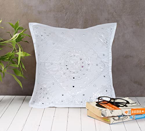 Mirror Embroidered Decorative Sofa Throw Pillow Cushion Cover Boho Bohemia White 24x24 Inches - color: White, size: 24" x 24" (Pack of 1)