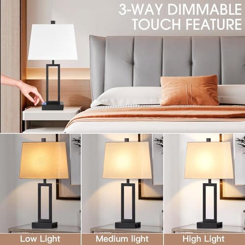23.5" Touch Control Table Lamps Set of 2, Bedside Lamp with 2 USB Ports & AC Outlet, 3-Way Dimmable Nightstand Lamp with White Linen Shade for Living Room Bedroom End Table Office(2 LED Bulb Included) - color: White - 23.5"H