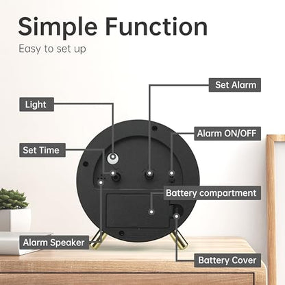 JALL Analog Alarm Clock, 4 inch Super Silent Non Ticking Small Clock with Night Light, Battery Operated, Simple Design, Easy Setting for Office, Bedroom, Bedside, Desk, Teens, Elders, Adult, Black - color: Deep Black
