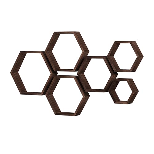 WONFUlity Hexagon Floating Shelves, Hexagonal Shelf Wall Mounted Storage - color: Brown, size: 6PC