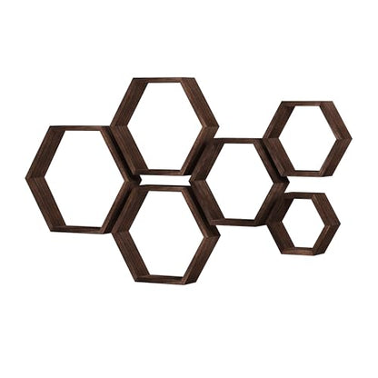 WONFUlity Hexagon Floating Shelves, Hexagonal Shelf Wall Mounted Storage - color: Brown, size: 6PC