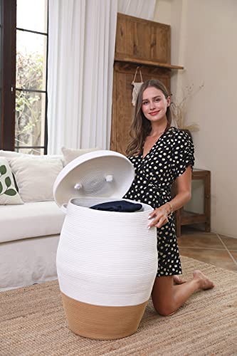 26"x20" Handcrafted Tall Cotton Rope Basket with Lid, Stylish Flagon Shape with Cover, Clothes Hamper with Top, for Bedroom and Living Room, White/Camel Bottom - color: White/Camel Bottom