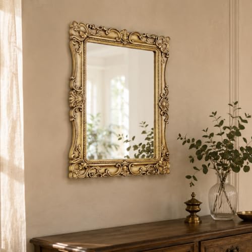 Vintage Rectangular Wall Mirror, Ornate Baroque Carved Wood Frame - color: Antique Gold, size: 22"L x 16"W