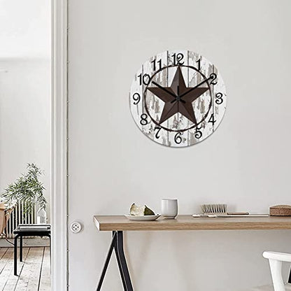 Round Farmhouse Wall Clock Western Texas Star Classic Style Wood Clock Quiet Non-Ticking Battery Operated with Large Numbers Rustic Wall Art Time Clock for Living Room Patio School 15 Inch - color: Style-1, size: 15in