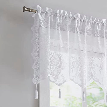 LinenZone 54x22 White Sheer Lace Valance with 6 Tassels. (Luna 54x22,White) - color: White, size: 54"W x 22"L (Pack of 1)