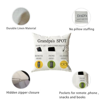 ONFAON Grandpa Gifts,Grandpa's Spot Throw Pillow Covers 18x18 Inch,Put Phone Glasses and Remote Control Pillowcase,Birthday Christmas Thanksgiving Day Gifts for Grandpa Stepdad,3-Pocket - color: Grandpa 3-pocket