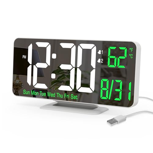 KOSUMOSU Alarm Clock for Bedroom, 6.7" Led Desk Digital Clock,Mirror Clock,Dual Alarm Clock for Living Room with Seconds,Date,Week,12/24h,Dimming,Temp - color: White Clock(white + Green Digits)