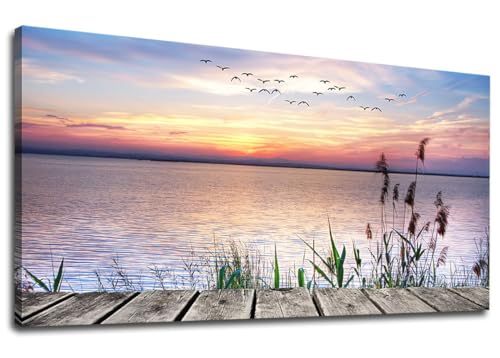 yearainn Sunset Lake Wall Art, Dock Reed Grass Flying Birds, 29" x 58" - color: Sunset Lake, size: 58"L x 29"W