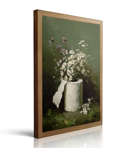 Javsris Framed Green Funny Bathroom Canvas Wall Art Vintage Wild Daisy Floral Still Life Oil Painting Wall Decor Vintage Whimsical Toilet Paper Painting Picture Wall Decor Floral Toilet Paper Poster Print Artwork for Bathroom Bedroom Home Decoration 12x16