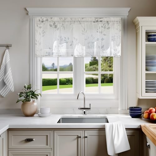 Beauoop Linen Floral Semi Sheer Valance Curtains for Kitchen Grey 52x18x1 - color: Rod Pocket | Grey, size: 50"W x 18"L (Pack of 1)
