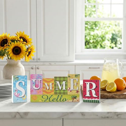 Smile 7 Pcs Wooden Decor Summer Indoor Decorations, Hawaii Style, Summer Letter Table Centerpieces for Home Kitchen Seasonal Display - style: Summer
