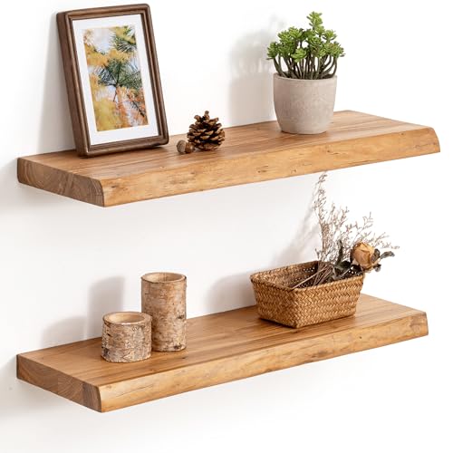 24in Live Edge Solid Elm Floating Shelves, Natural, Set of 2 - color: Natural Color, size: Live Edge 24 inch, 2Packs
