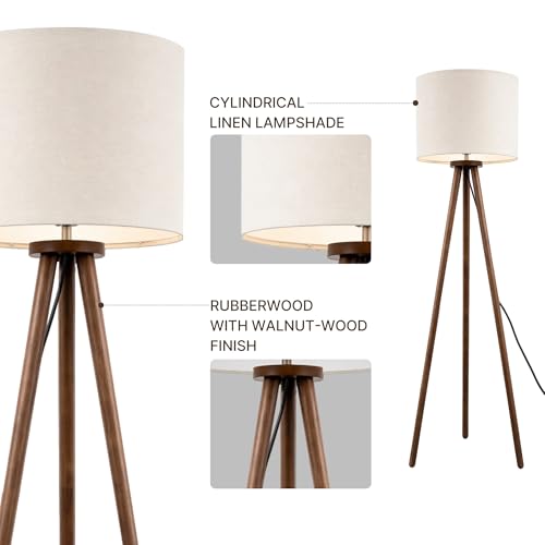 Buruis 60.6 Inch Walnut Wood Tripod Floor Lamp with Linen Drum Shade, Beige - color: Beige