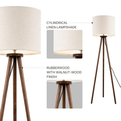Buruis 60.6 Inch Walnut Wood Tripod Floor Lamp with Linen Drum Shade, Beige - color: Beige