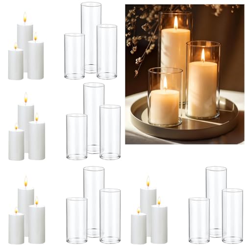 UDU 24 PCS White Pillar Candles with Glass Cylinder Vases Hurricane Glass Candle Holders for Pillar Candles Cylinder Vases for Centerpieces Wedding Table Party Home Decor - size: 2.6" X 4.7", 6", 8"