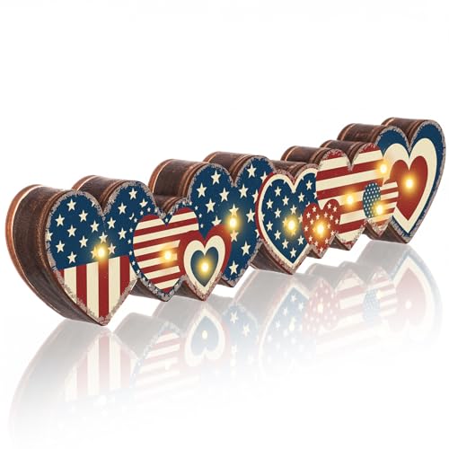 Yousoontic 4th of July Decorations Retro Patriotic Table Centerpieces with LED Lights Memorial Day Heart Wooden Sign Decor 3D Block Red White Blue Decor for 250th Anniversary Home Mantel Desk Party - style: Patriotic Star