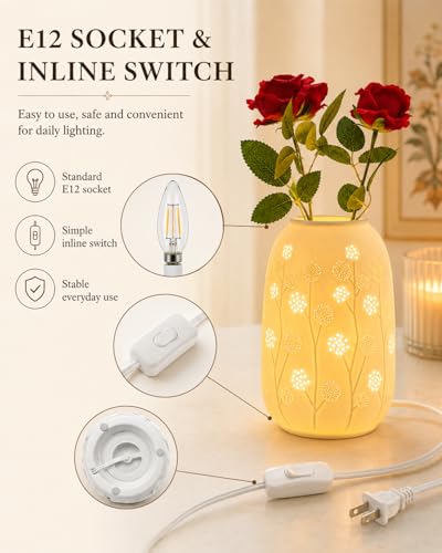 TACAHE Ceramic Vase Table Lamp - 2700K Bulb & 3 Artificial Flowers Included - style: Dandelion
