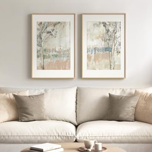 Framed Neutral Abstract Landscape Tree Wall Art for Living Room, Set of 2 - color: Neutral Blush Blue, size: 20" W x 30" H x 2Pcs