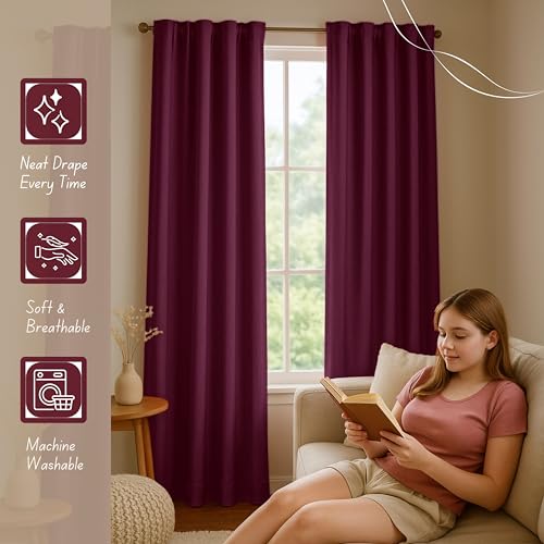 Native Fab Burgundy Wine 100% Cotton Curtain Panels 54" W x 84" L, Light Filtering Window Panels for Bedroom, Living Room, Farmhouse Decor - color: Burgundy Wine, size: 54"W x 84"L (Pack of 2)