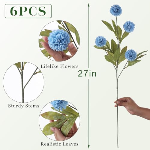 6 Pcs 27"Artificial Pompon Mum Silk Flower Stems for Vase (Dusty Blue) - color: Dusty Blue