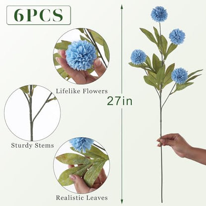 6 Pcs 27"Artificial Pompon Mum Silk Flower Stems for Vase (Dusty Blue) - color: Dusty Blue