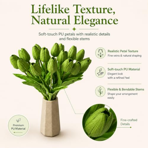 Mandy's 20 Stems Green Artificial Tulip Flowers for Home Centerpieces - color: Green