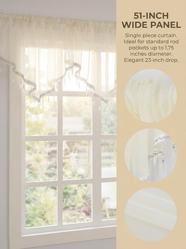 Molaxhome Swag Curtain Scalloped Curtain Valance Drape Sheer Lace Panel 1pc - color: Beige