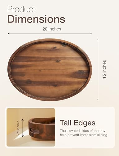 TIDITA Acacia Oval Wooden Serving Tray with Handle, 20"x15", Walnut Color - color: Walnut, size: 20" x 15" x 2.2"