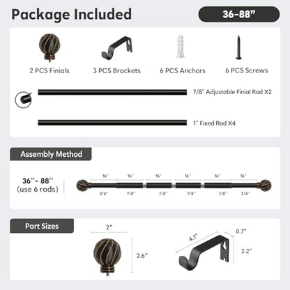 Black Curtain Rods for Windows 48 to 84 Inch 7/8" Diameter - color: Black, size: 36"-88"|1 Pack