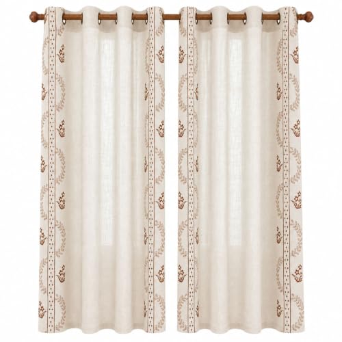 Beige linen blend brown embroidery FloralGrommet Curtains, 55“X95",2 Panels - color: Brown, size: 55"W x 95"L (Pack of 2)