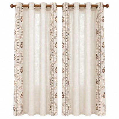 Beige linen blend brown embroidery FloralGrommet Curtains, 55“X95",2 Panels - color: Brown, size: 55"W x 95"L (Pack of 2)