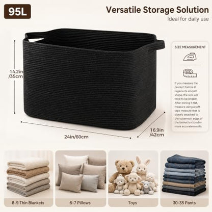 OIASKET 95L Extra Large Blanket Basket, 24" x 16.9" x 14.2" Woven Basket - color: Black, size: 24"x16.9"x14.2"