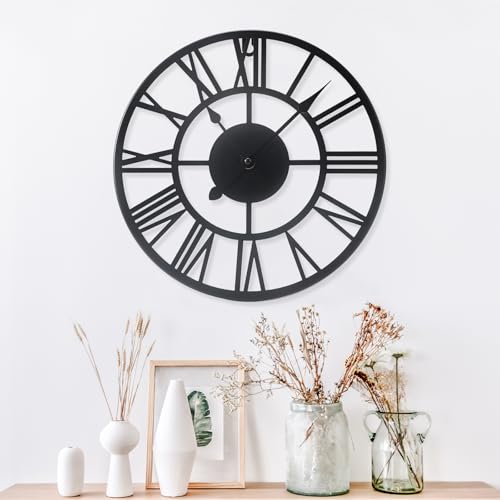 Metal Wall Clock Roman Numerals Battery Operated Decor Clock Silent Non-Ticking Modern Round Wall Clocks for Home, Hotel, Office, Bedroom (Black, 12inch) - color: Black, size: 12inch