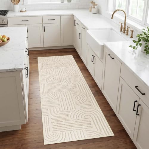 Etwel 2x6 Beige Modern Geometric Textured High-Low Pile Washable Runner Rug - color: Neutral Beige, size: 2' x 6'