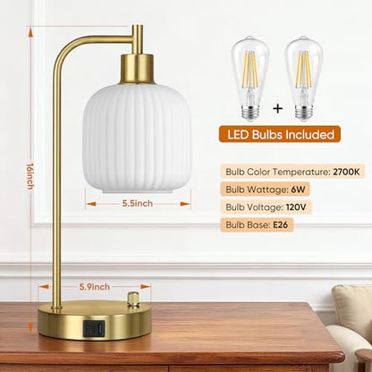 Cream Glass Table Lamps Set of 2, Dimmable Bedside Lamps for Living Room - color: ‎Gold&‎Cream