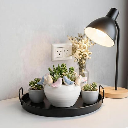 Stoneware Planter with Colorful Birds on Rim, Reactive Glaze Decorative