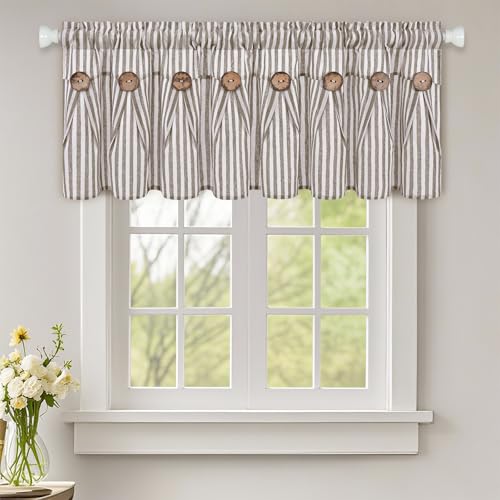 ASPMIZ Farmhouse Valances for Windows, Cotton Linen Kitchen Curtains Valances with Rustic Buttons, Brown Striped Window Valance for Living Room, Boho Valance Curtains for Bathroom, 52 x 18 Inches - color: Brown, size: 52"W x 18"L (Pack of 1)